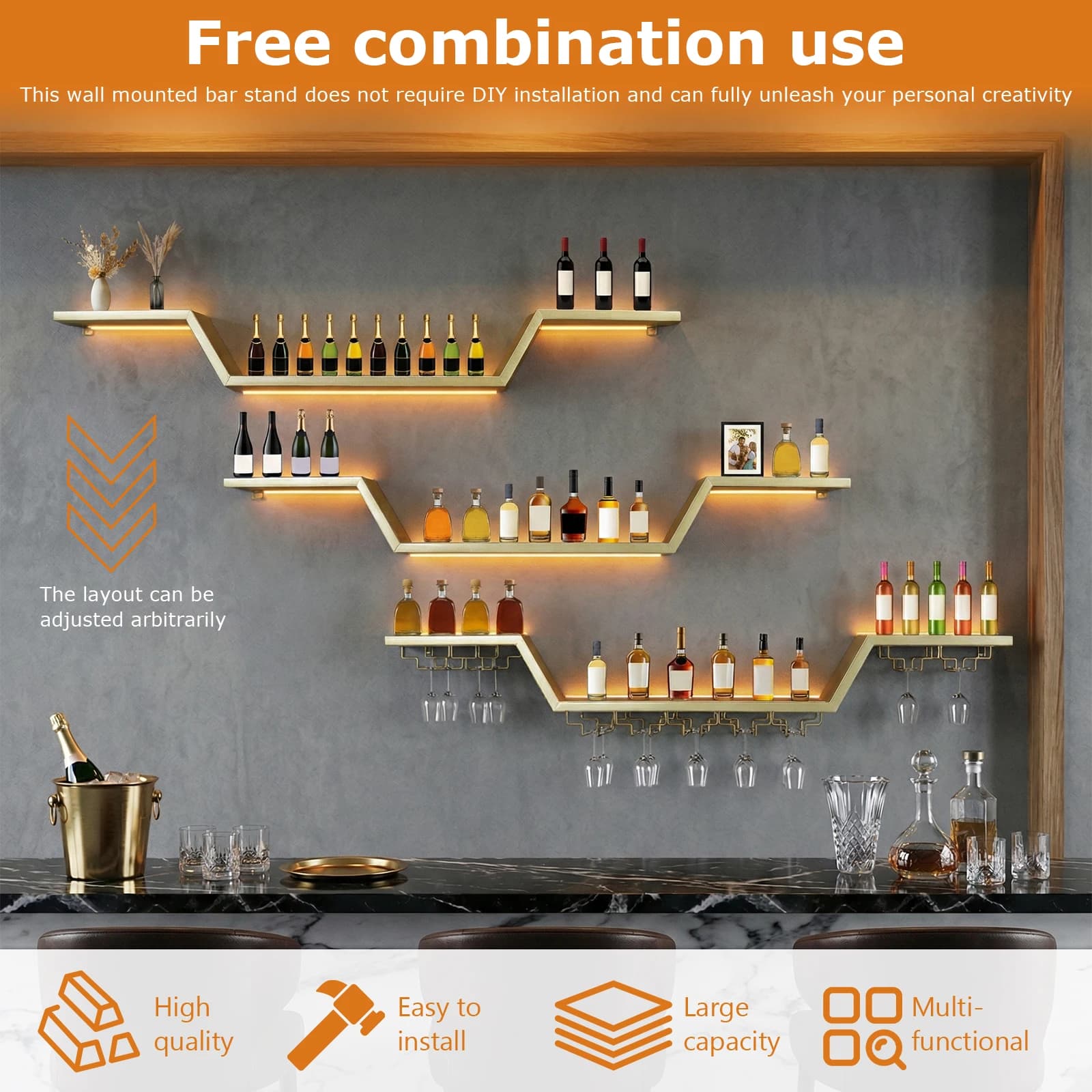 Portabottiglie da Parete Grande 47/55 Pollici con Luce LED e Ganci per Bicchieri, Scaffale a 3 Livelli per Liquori, Ideale per Bar Domestico