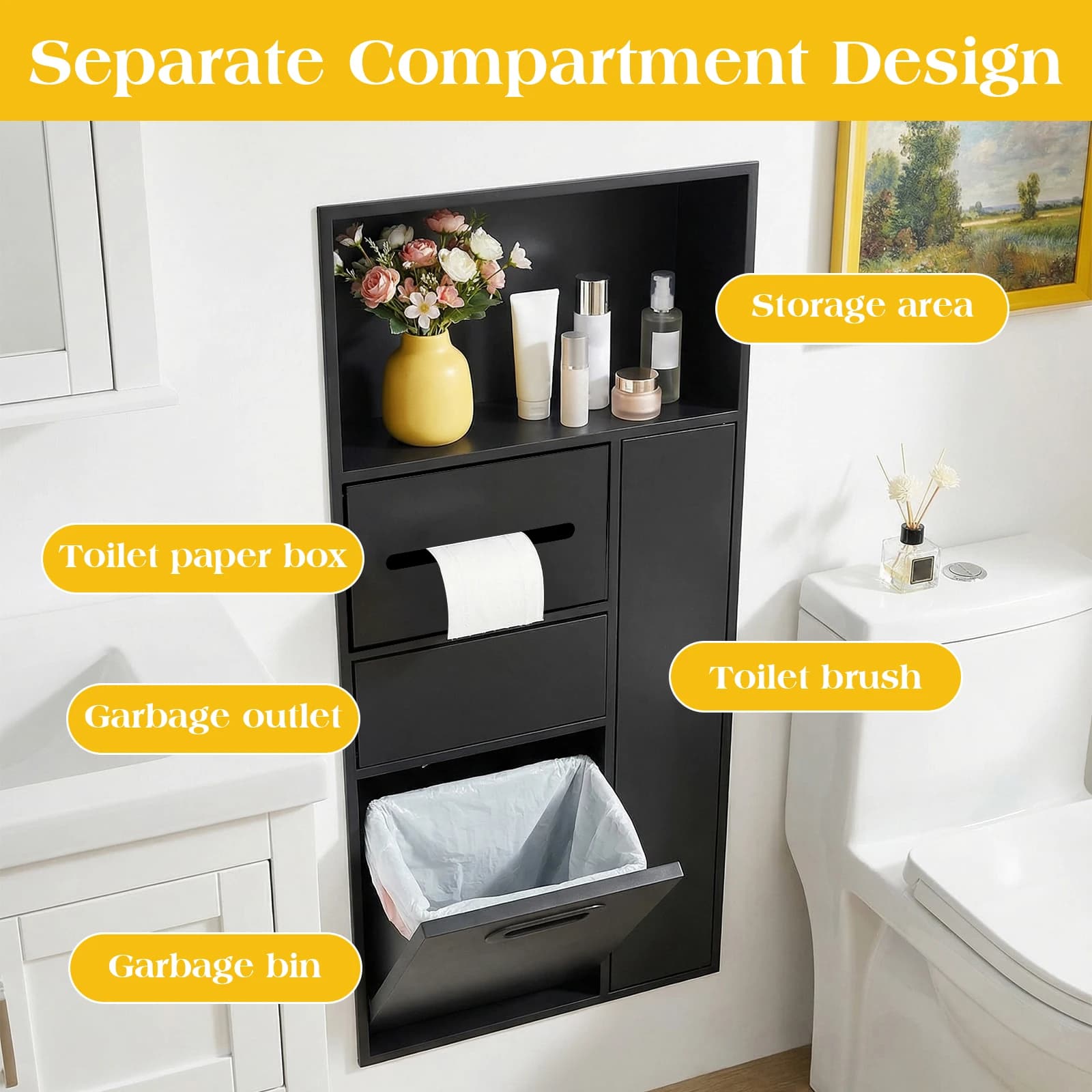 Wall-Mounted Trash Bin Waterproof Toilet Paper Toiletries Storage Rack with Tipping Bucket Trash Can for Bathroom/Kitchen/Hotel
