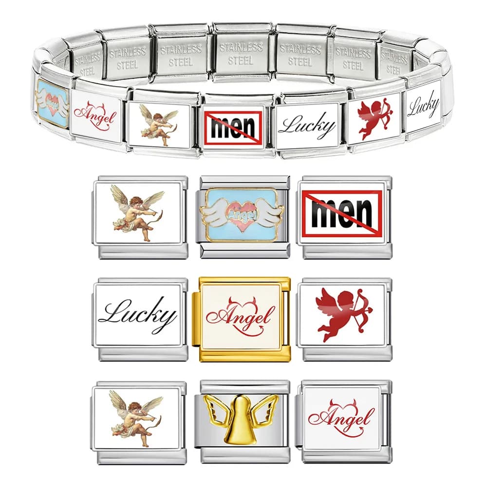1pc Trendy Red Series Angel Lucky Wings Archery Charm Link fit 9mm Stainless Steel Italian Bracelet Making DIY Women Men Jewelry