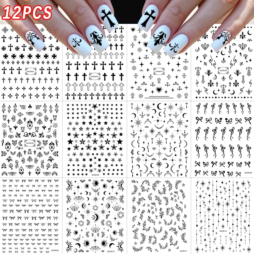 12 pieces 3D black bow star moon nail stickers Mini star five-point ribbon bow Y2K decal nail decoration accessories