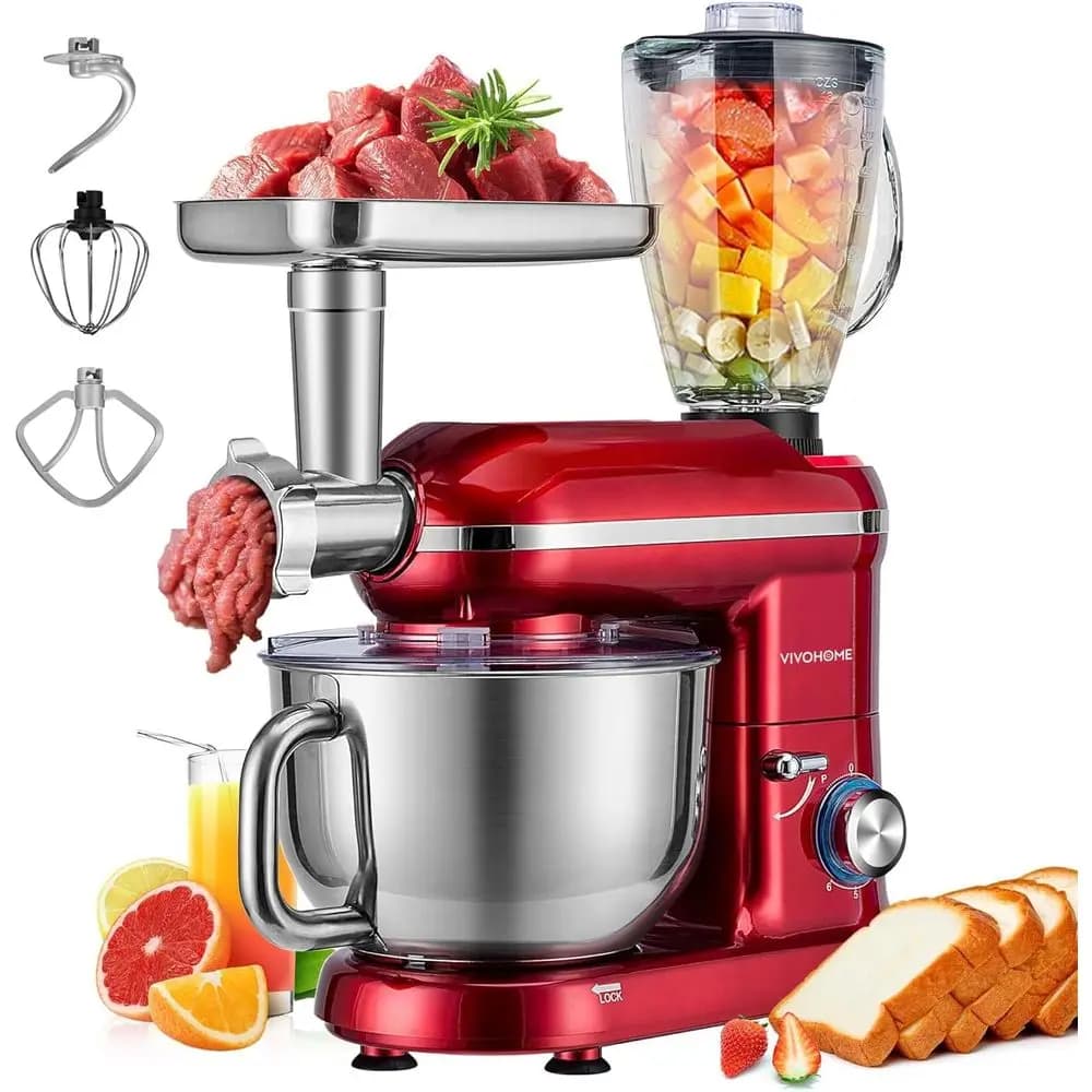 Impastatrice Elettrica 3-in-1 da 6 Quarti - Rossa, con Ciotola, Tritacarne, Frullatore, Gancio per Impastare, Frusta e Sbattitore