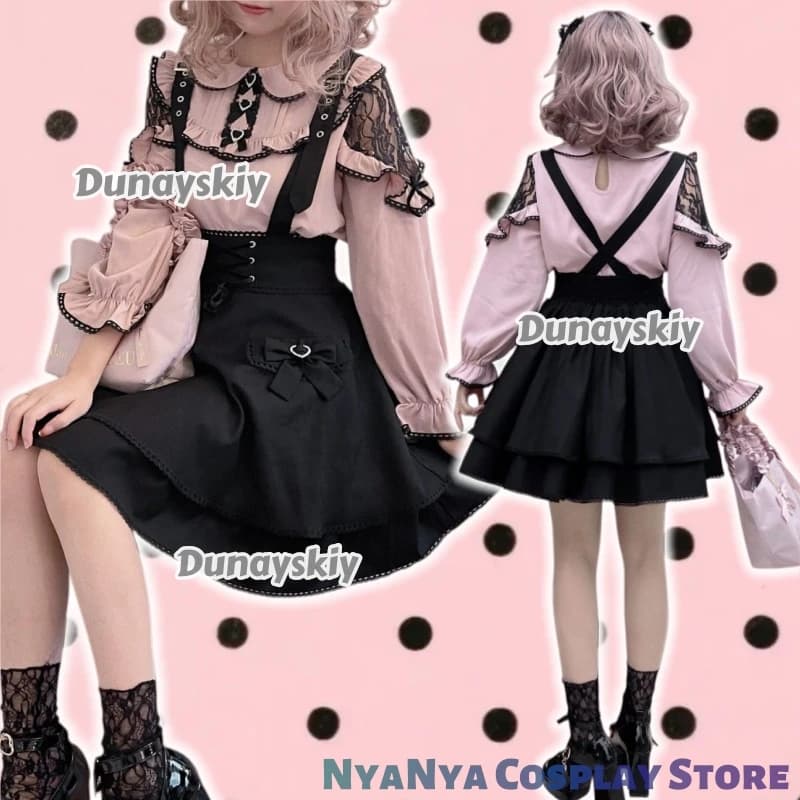 Set of style skirts Lolita Kawaii Y2k Japanese women Jiri Kei Long-sleeved blouses with short skirt with Korean straps set
