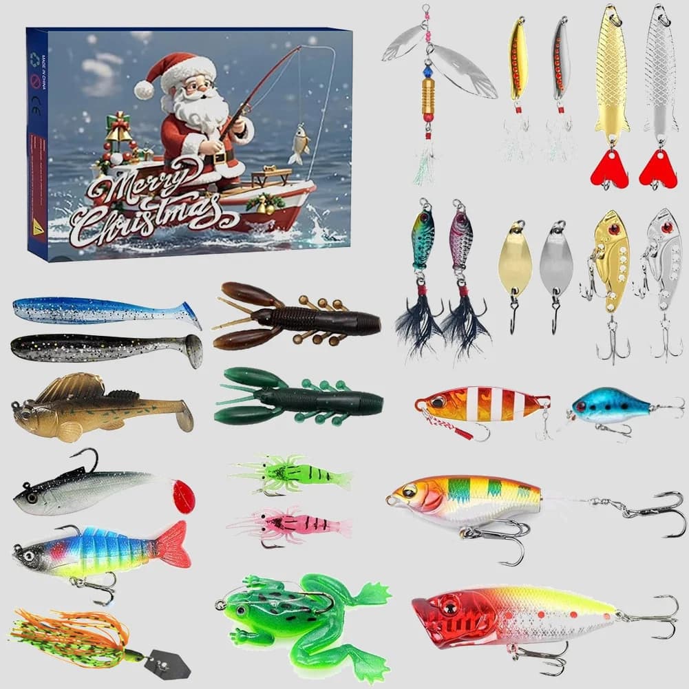 Esca da pesca Esca dura Confezione regalo di Natale Set di ami da pesca Calendario per il conto alla rovescia di Natale di 24 giorni Kit di attrezzatura da pesca per uomini pescatori