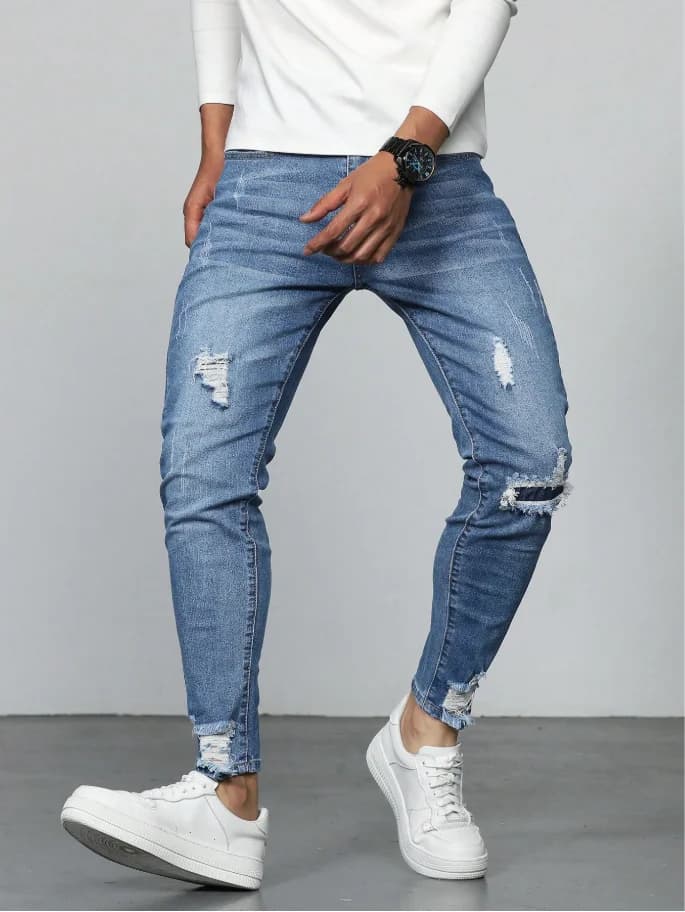 Men Jeans Slim Fit Ripped Stretch Skinny Denim Pants Light Blue Washed Distressed Holes Ankle Cuff Jeans Four Seasons Wear Hand & Machine Washable Casual Street Daily Work Outfit