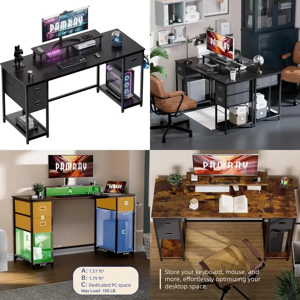 55 inch office desk with storage drawers and support for monitor - study table for bedroom computer desk