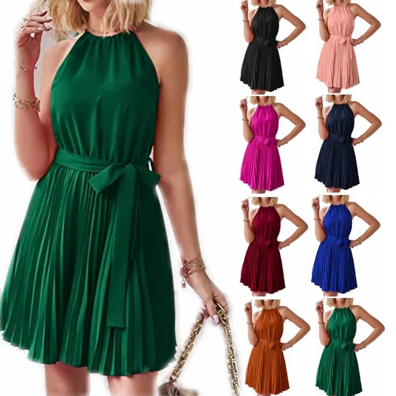 Abito plissettato senza nodi, senza maniche, gonna midi, in tessuto di poliestere, silhouette a trapezio, colore unico, abito alla moda primavera estate