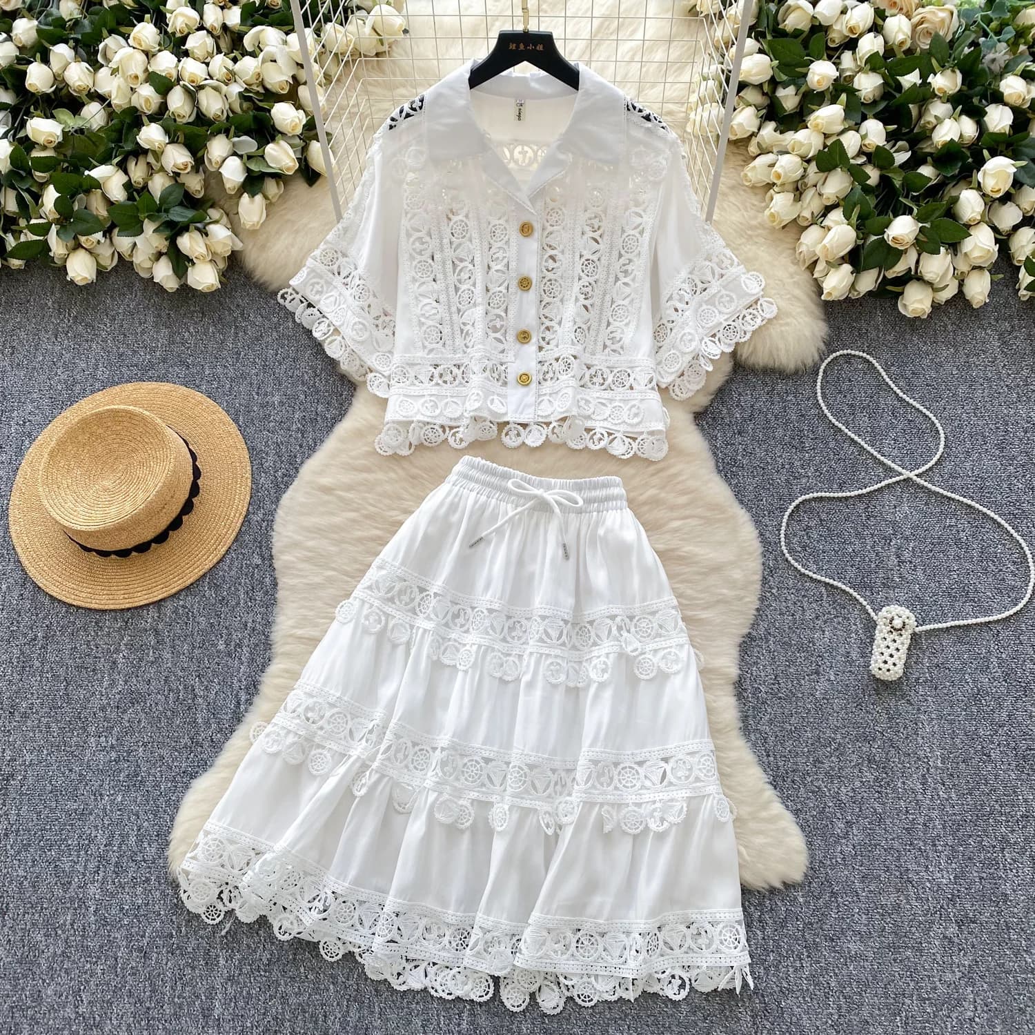 Set da 2 pezzi ricamato da donna, camicia ampia scavata, top + gonne midi in vita elastica, completo da donna in pizzo per le vacanze estive