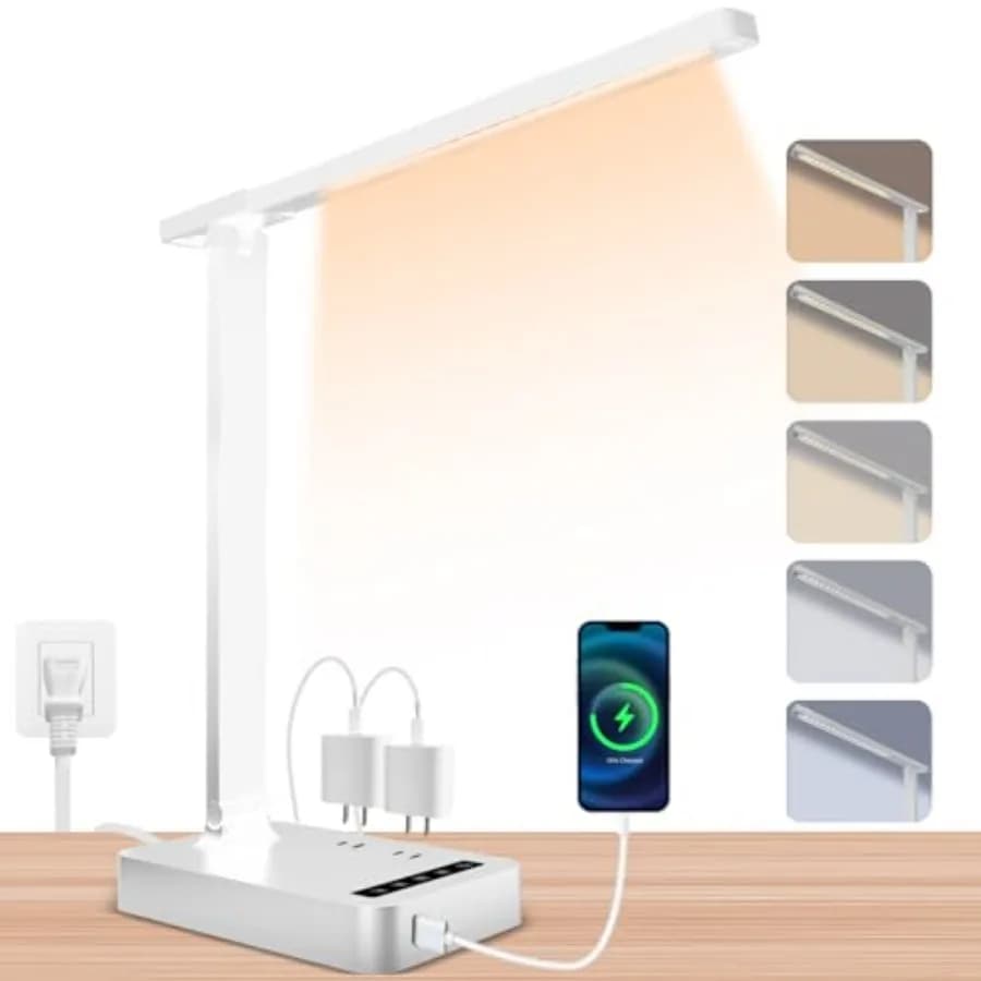 Lampada da scrivania intelligente con stazione di ricarica 4 in 1, 2 prese CA, porte Type-C e USB-A, 5 temperature di colore e 5 livelli di luminosità, Ad