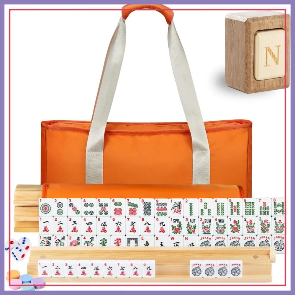 Set Mahjong Americano 166 Tessere con Borsa da Viaggio, 4 Supporti/Spingitori in Legno, Gioco Western Ma Jong per Adulti e Serate di Gioco in Famiglia
