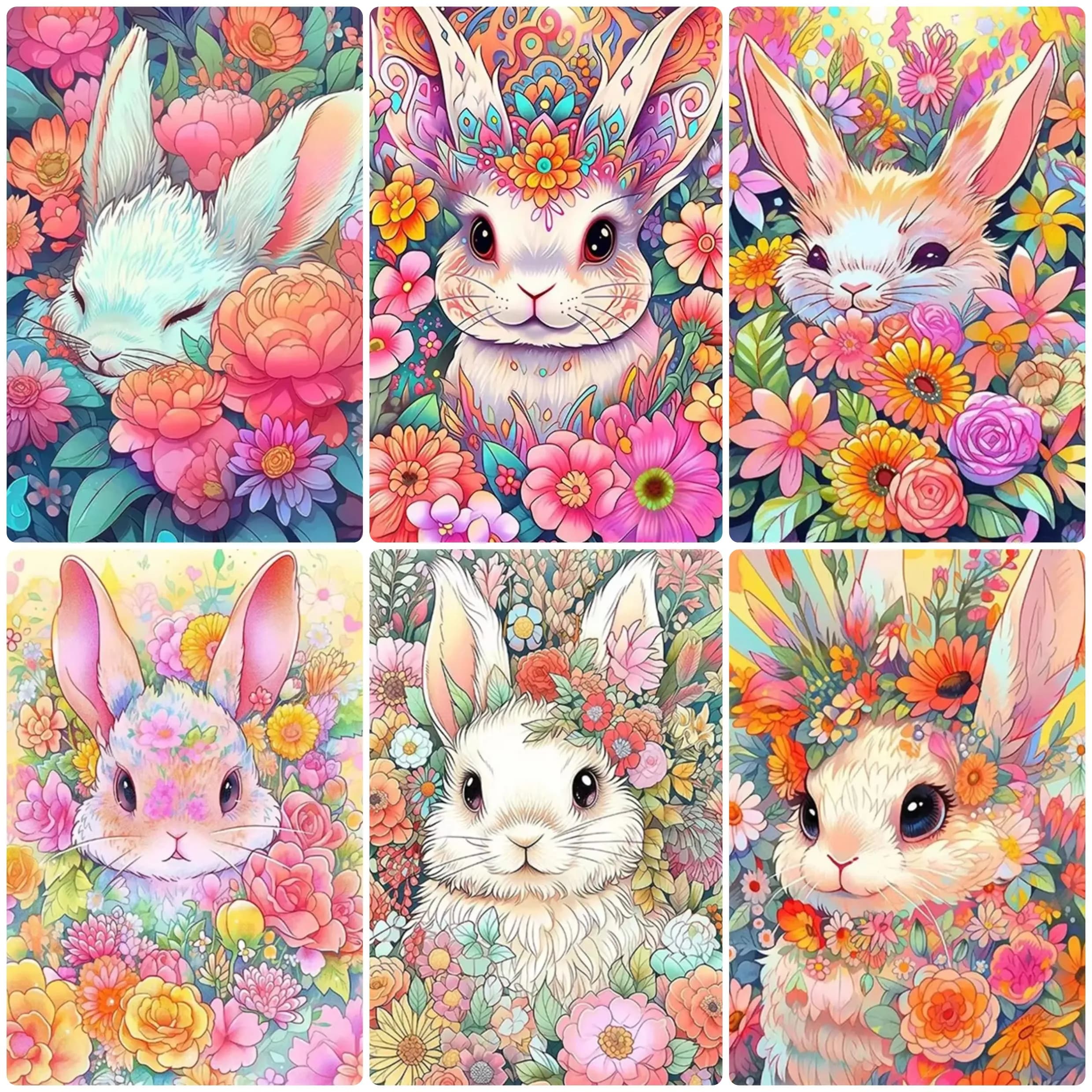 Kit per Diamond Painting Fai da Te: Mosaico con Coniglio e Fiore, Ricamo Animale Carino, Punto Croce, per Camera da Letto, Regalo per Bambini