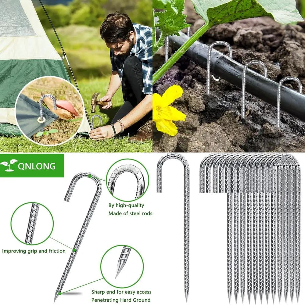 Picchetti a J in Acciaio Zincato Rinforzato per Tende e Giardino, Confezione da 50 Pezzi per Fissaggio Sicuro di Tende, Tessuti e Attrezzatura da Campeggio