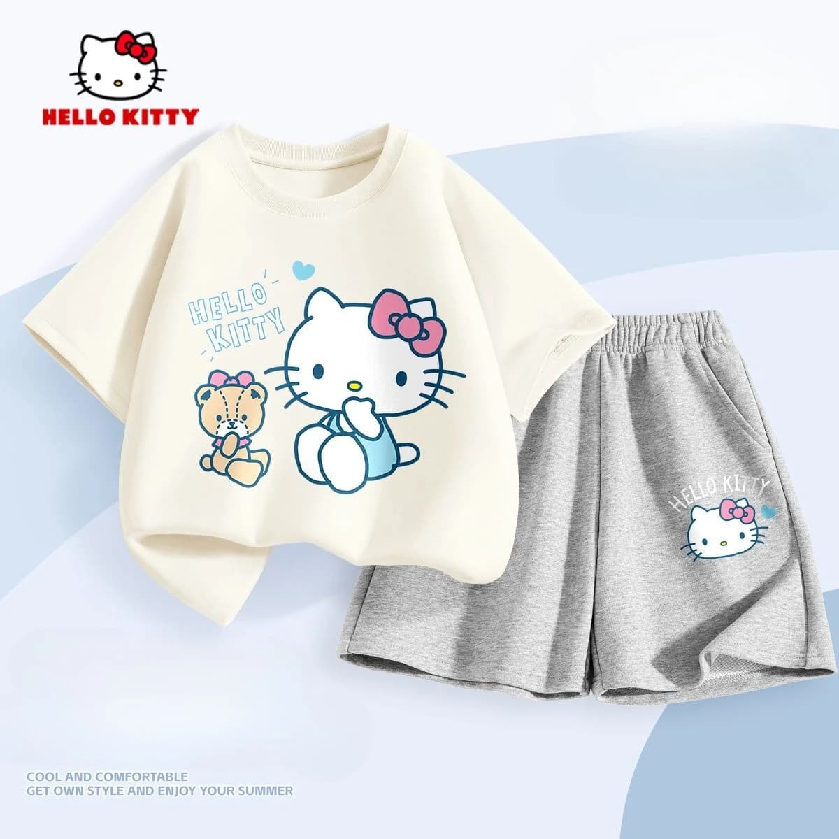 Sanrio Summer Baby Girls Set di vestiti in cotone Kid Hello Kitty T-shirt stampate Top e pantaloncini Completi per bambini a maniche corte