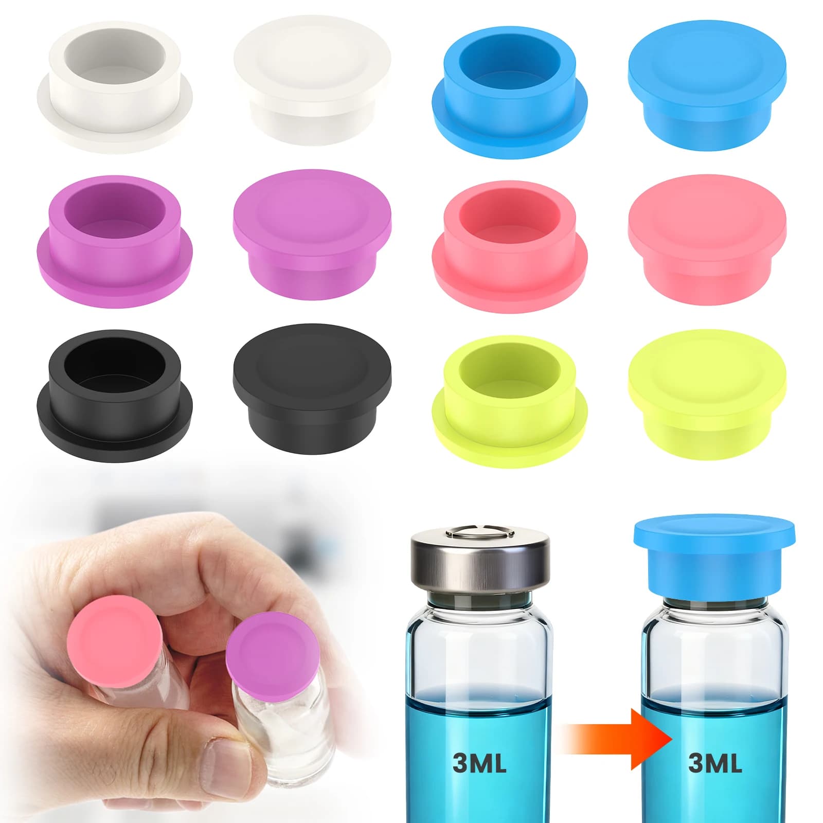Tappi Protettivi in Silicone Riutilizzabili a Prova di Perdite per Fiale in Vetro da 3ML, Contenitori per Insulina e Crema Ombretto