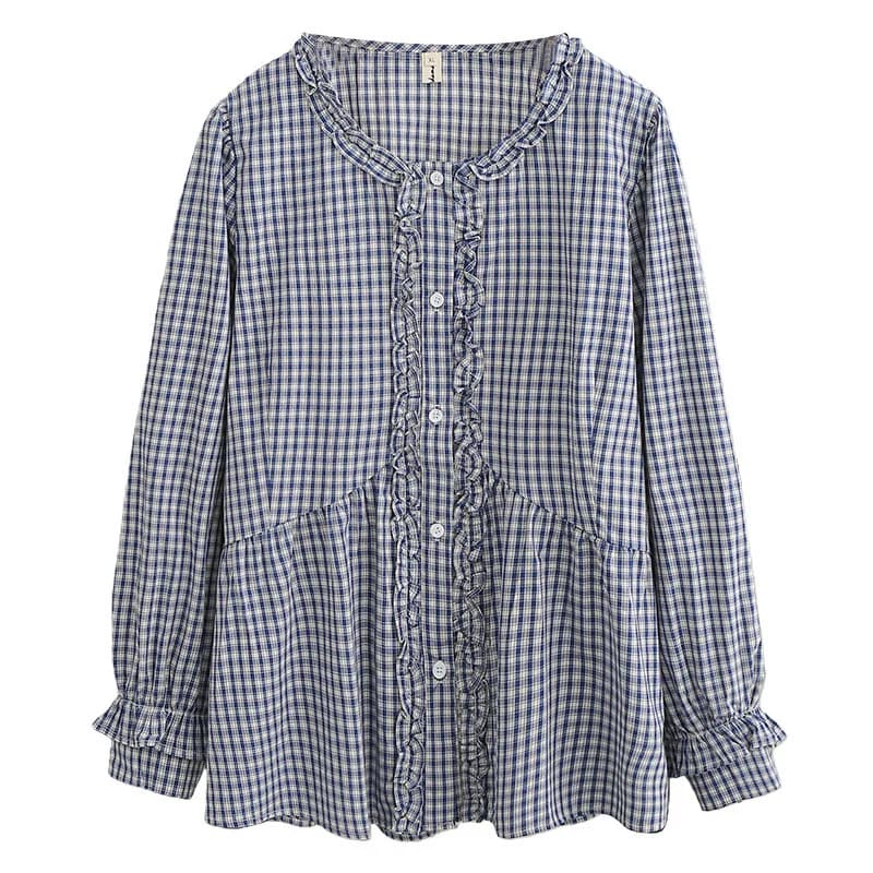 Women's Square Shirt Plus Size XXL, Long Sleeved Cotton Blouse with Round Ribbon, Spring Style 2026, Top 1065