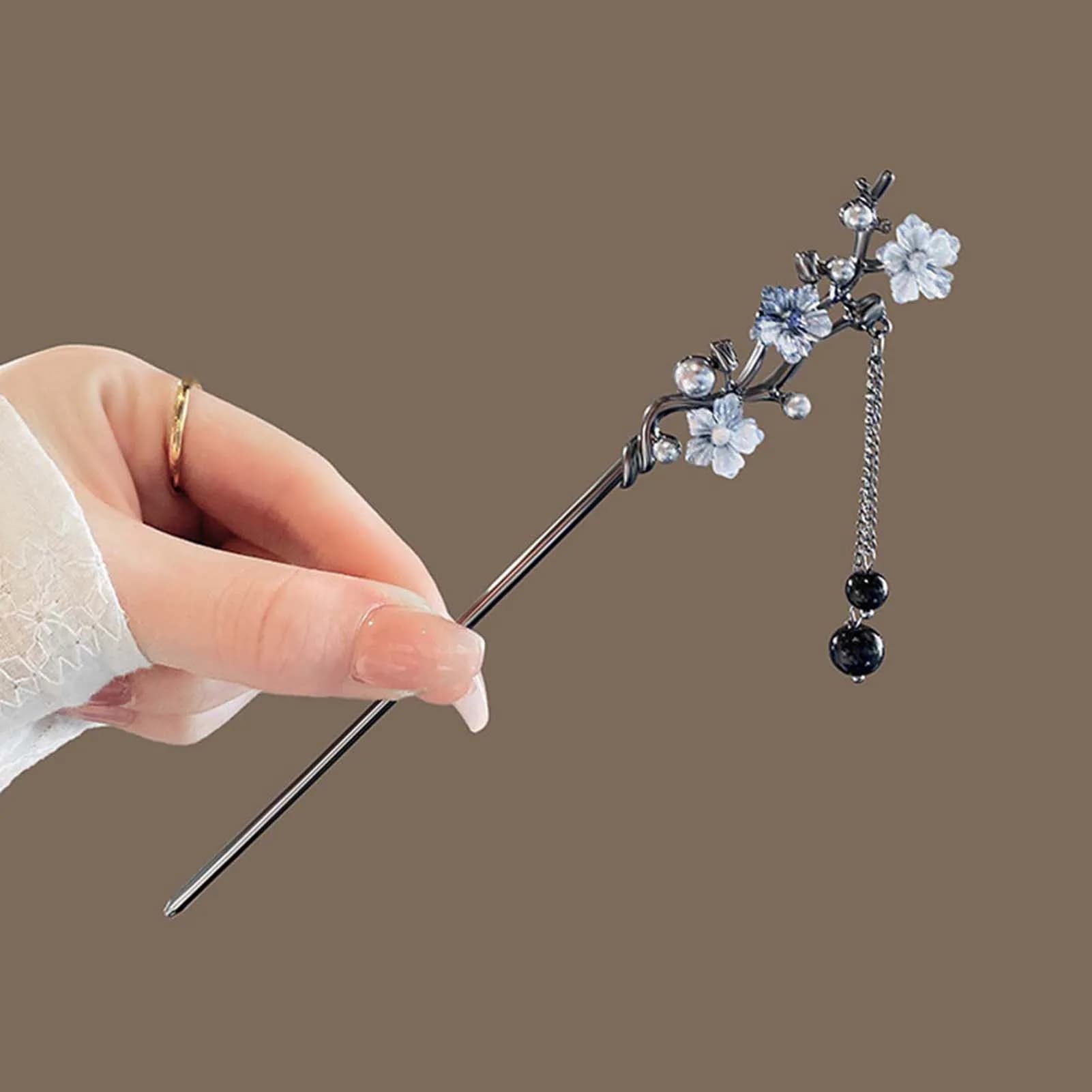 Classica forcina per capelli in metallo con motivo floreale color inchiostro e frange, con perle nere, per chignon, gioiello per capelli da donna, regalo per Cheongsam