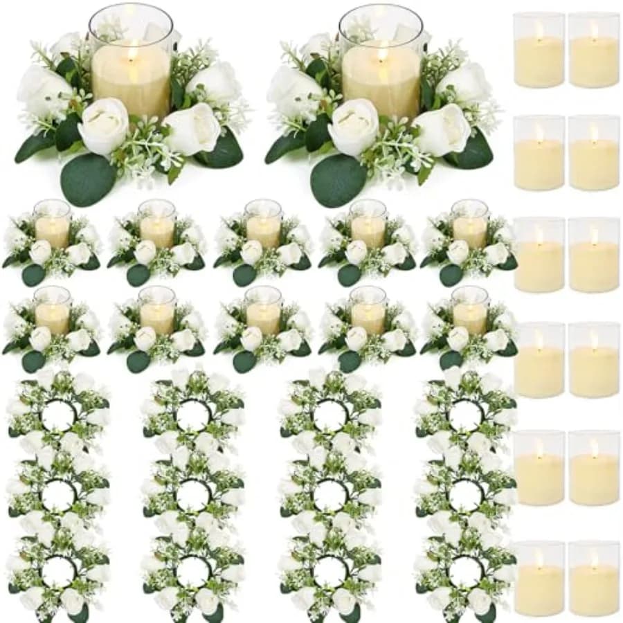 Anelli per Candele a Forma di Rosa Bianca con Set di Candele Senza Fiamma - 24 Pezzi di Fiori Artificiali di Eucalipto per Centrotavola Matrimoniale, Candele a Pilastro da 3 Pollici