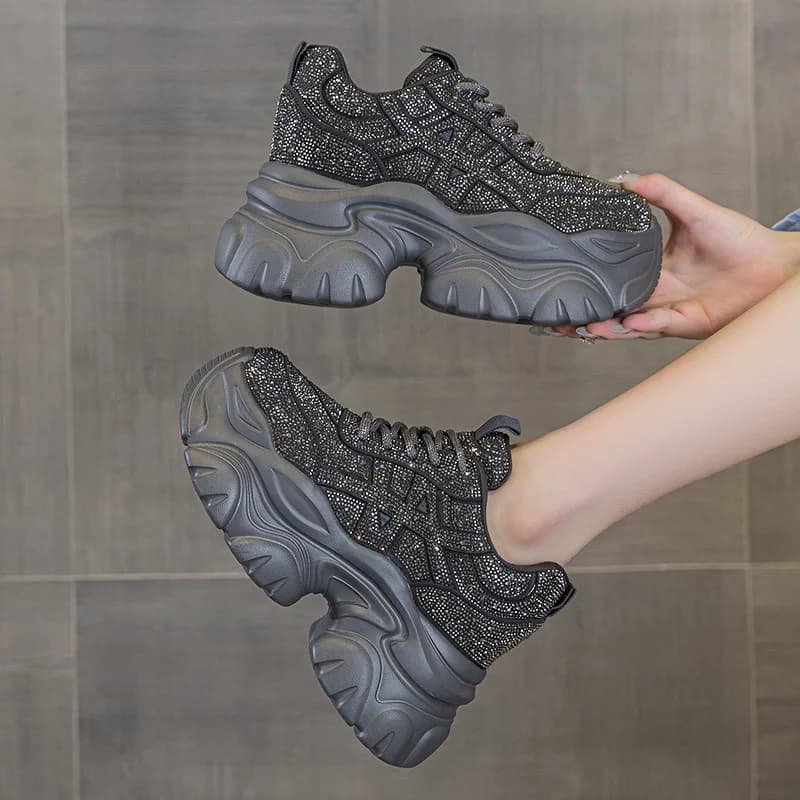 Women's Sneakers Lace-Up High Heel Platform Crystal Working Shoes Wearing Night Running Shoes Star Dazzling Diamond Shoes
