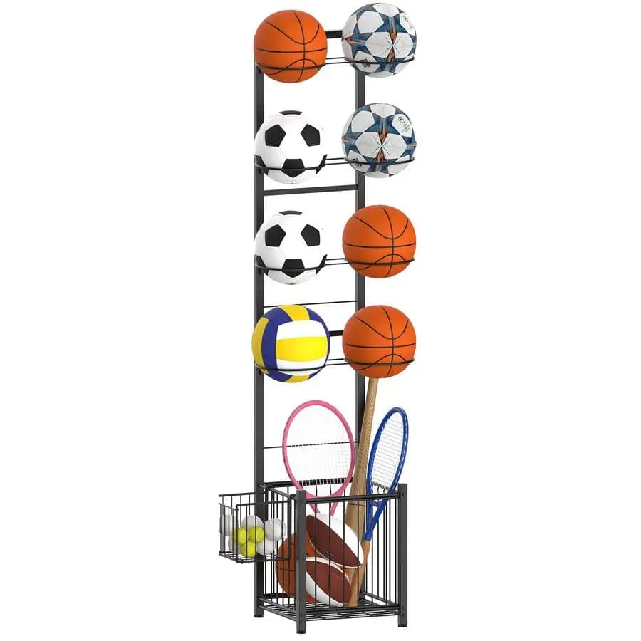 Porta Palloni da Basket Verticale per Garage, Supporto per 8 Palloni Sportivi per Basket, Calcio, Pallavolo, Football, Rack