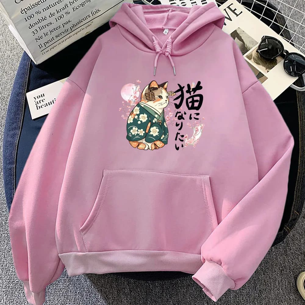 Ukiyoe Style Kanji Cat Printing Hoodies Japanese Blossom Sakura Graphic Sweatshirts Casual Women/Men Clothing Cartoon Pullovers