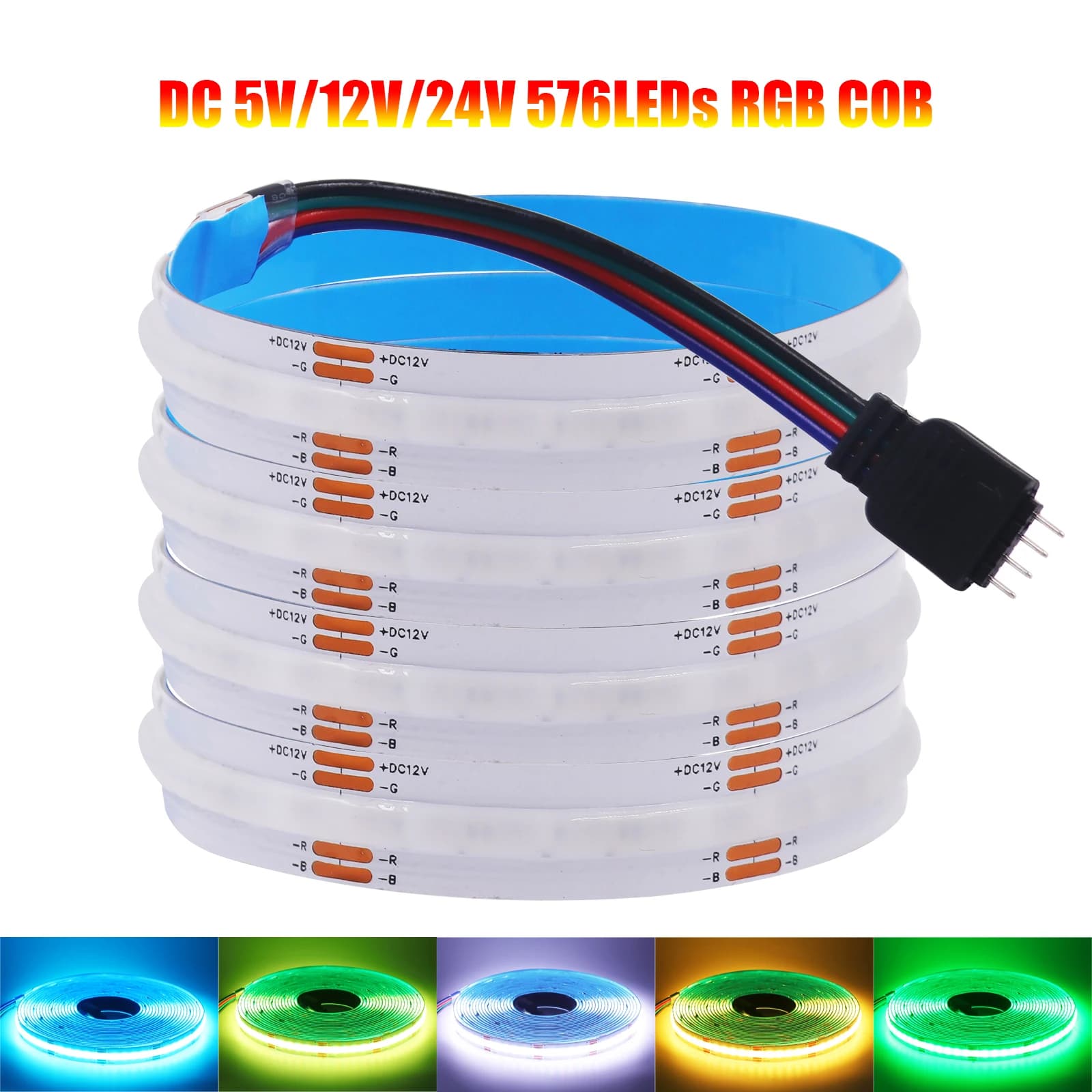 RGB COB LED Strip Light Bar 5V 12V 24V Flexible Light High Bright 576 LEDs/m Dotless Colorful Tape COB LED for Indoor Room Decor