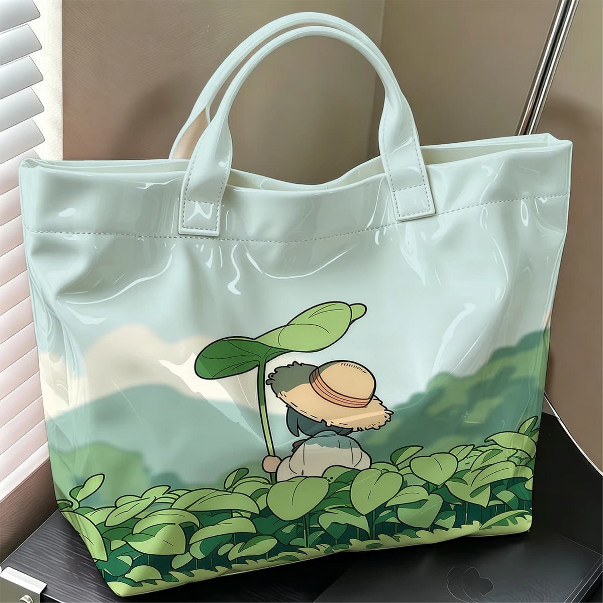Leaf Boy Stylish Large Glossy PVC Tote Bag Washable Waterproof Durable Ideal for Travel Commute Cosmetics Books Handbags