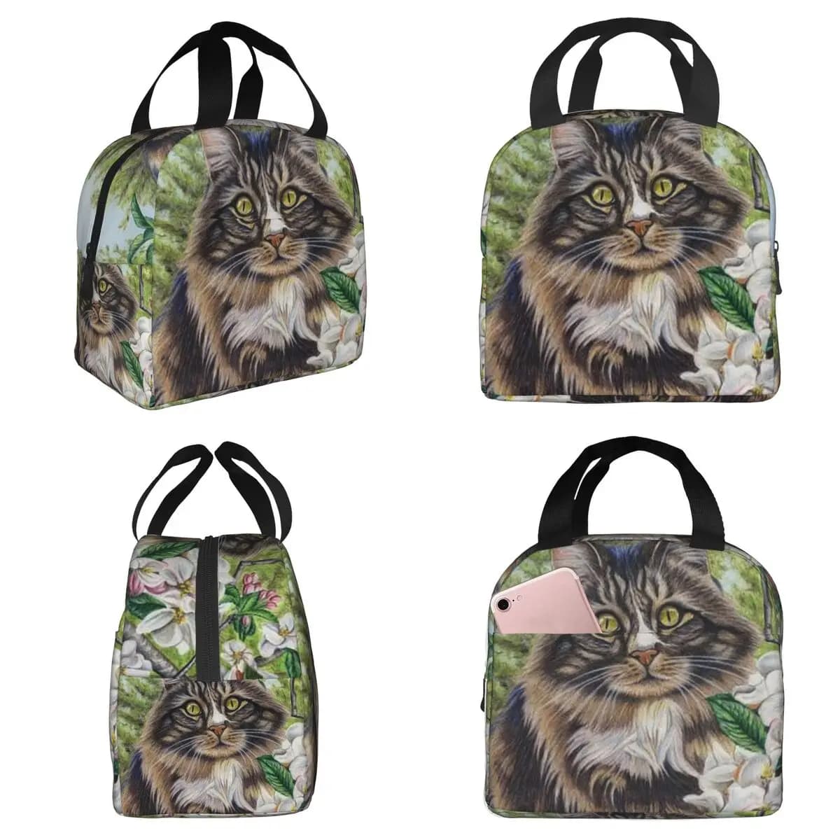 Borsa termica per il pranzo con motivo gatto che dorme su un ramo d'albero, per donna, borsa termica per ufficio, contenitore portatile per alimenti
