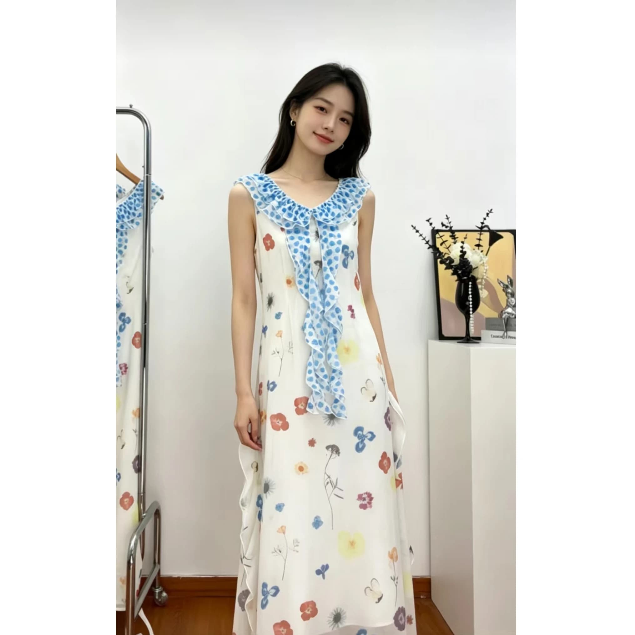 Abito Lungo Floreale in Pizzo Pure Desire, Nuova Collezione Estiva, Sensazione di Lusso, Stile Coreano, Gonna Avvolgente a Vita Alta per Vacanze