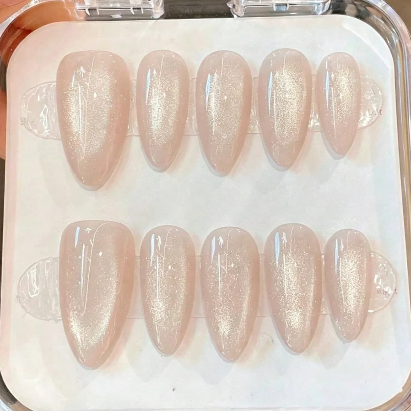 Medium Almond 10Pcs Press On Nails, Nude Pink Shimmer Cat Eye Handmade False Nails, Minimalist Daily Nail Tips