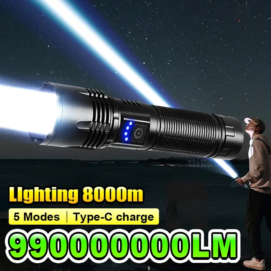 Torcia Tattica LED 990000000LM, Luce Potente Ricaricabile, Torcia Portatile ad Alta Potenza per Emergenze e Campeggio