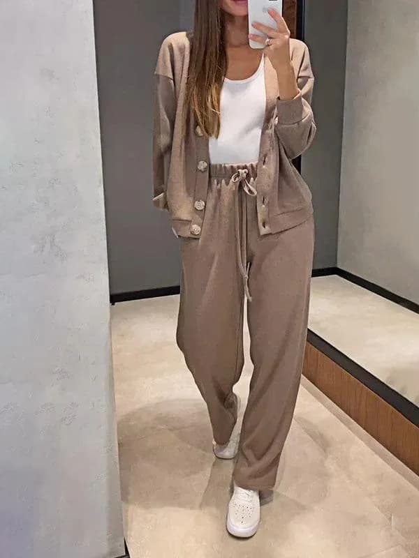 Tuta sportiva moda autunnale per donna Casual scollo a V monopetto cappotto a maniche lunghe Top con lacci pantaloni dritti set da 2 pezzi