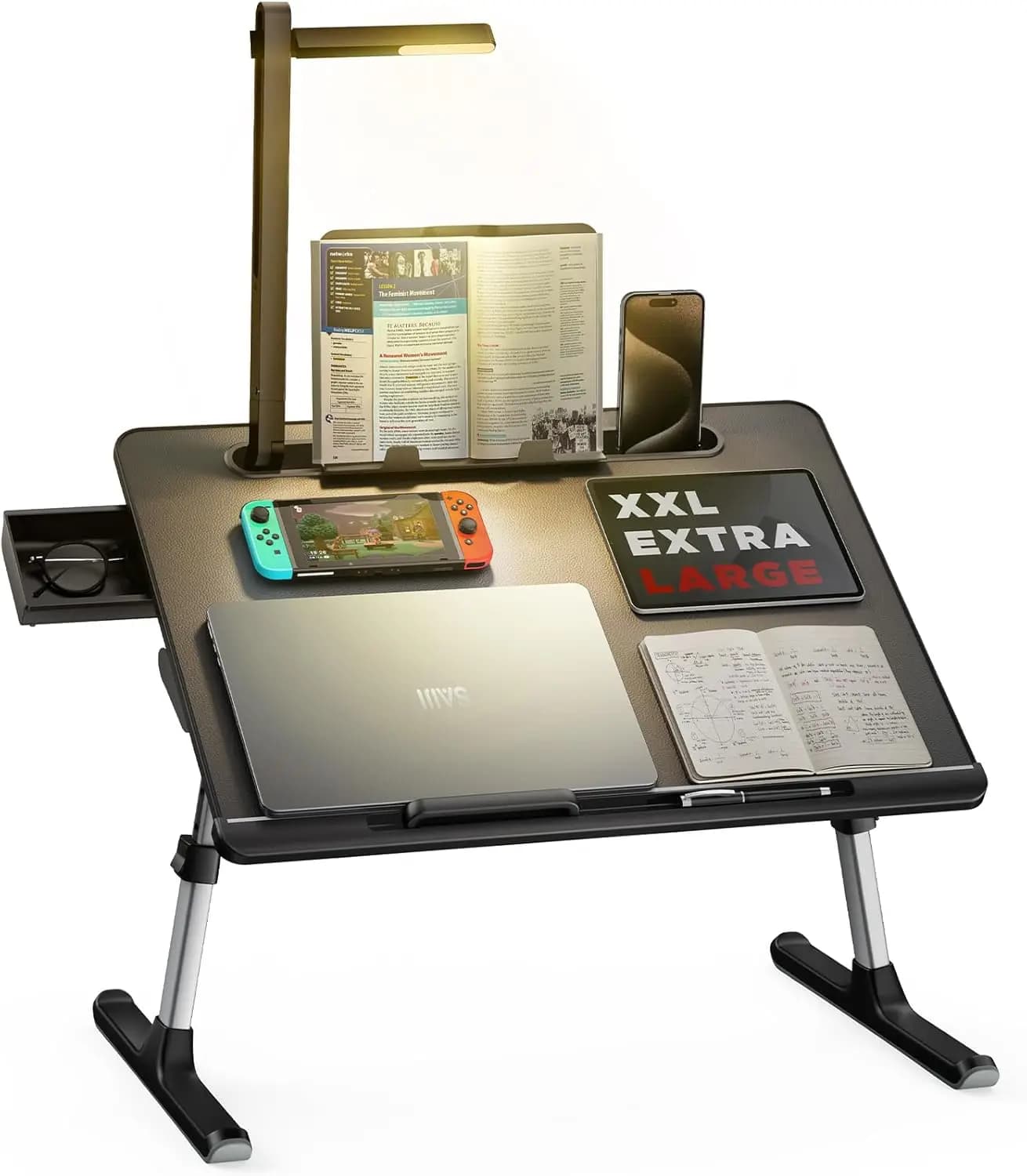 Tavolino da Letto per Laptop con Luce LED, Supporto Regolabile XXL in Pelle PVC, Pieghevole, Poggiapolsi, Spazio Extra per le Gambe