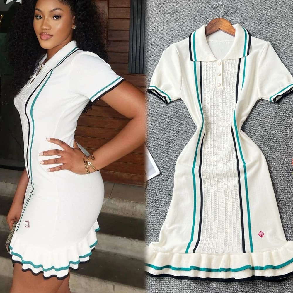 YuooMuoo Abito da donna 2025 Estate Vintage Colletto rovesciato Mini abito lavorato a maglia Lady Slim Elastico increspato Aderente Abito da festa Vestaglie
