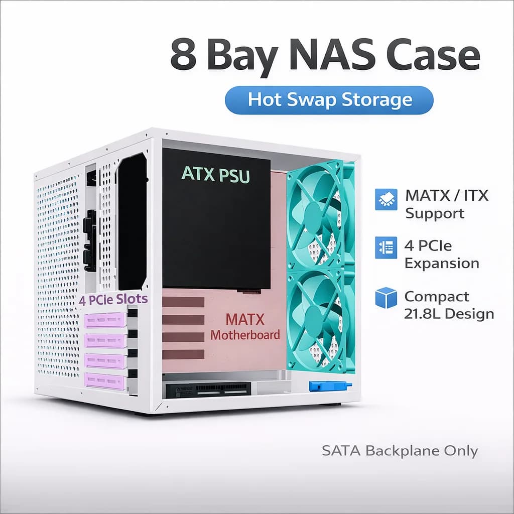 Case NAS Sagittarius 8 Bay con Backplane SATA Hot Swap, Chassis Server MATX Mini ITX, Alimentatore ATX, 4 PCIe, Case per Server Domestico