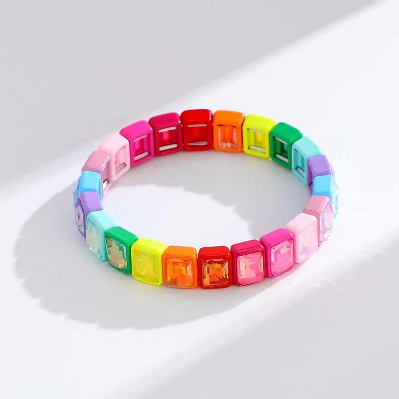 Colorful Crystal Enamel Women Bracelet Geometric Rainbow Beaded Elastic Bangle Summer Gift Jewelry for Girls and Friends