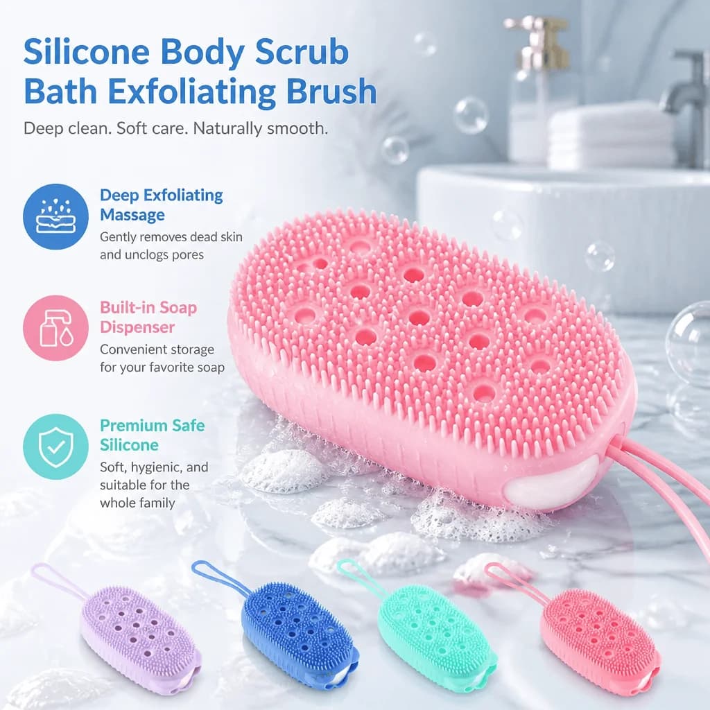 Silicone Bath Brush Body Scrubber Deep Exfoliating Sponge With Built-in Soap Dispenser Ergonomic Shower Brush For Family Skin