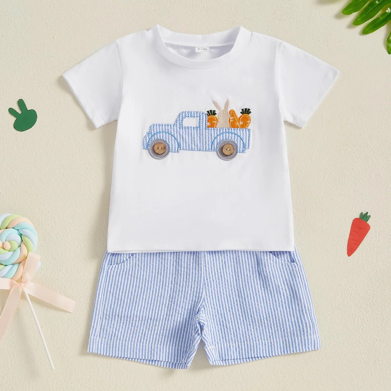 Completi pasquali per neonati e bambini, t-shirt a maniche corte con ricamo a forma di coniglietto e pantaloncini elastici a righe di carota, set per abiti estivi