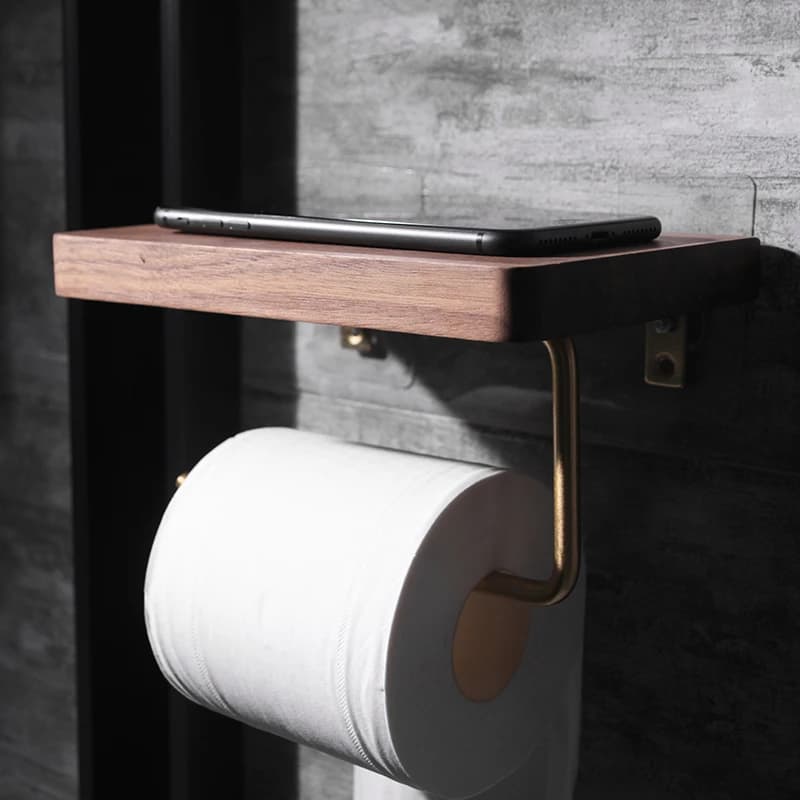 Porta fazzoletti in ottone e legno massello per WC, rotolo di carta, senza punzonatura, supporto per dispenser di asciugamani per mensola da bagno