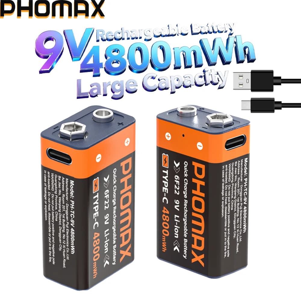 PHOMAX Type-C Rechargeable 9V Lithium ion Battery 4800mWh High Capacity for Guitar Microphone Smoke Detector Pedal with Cable