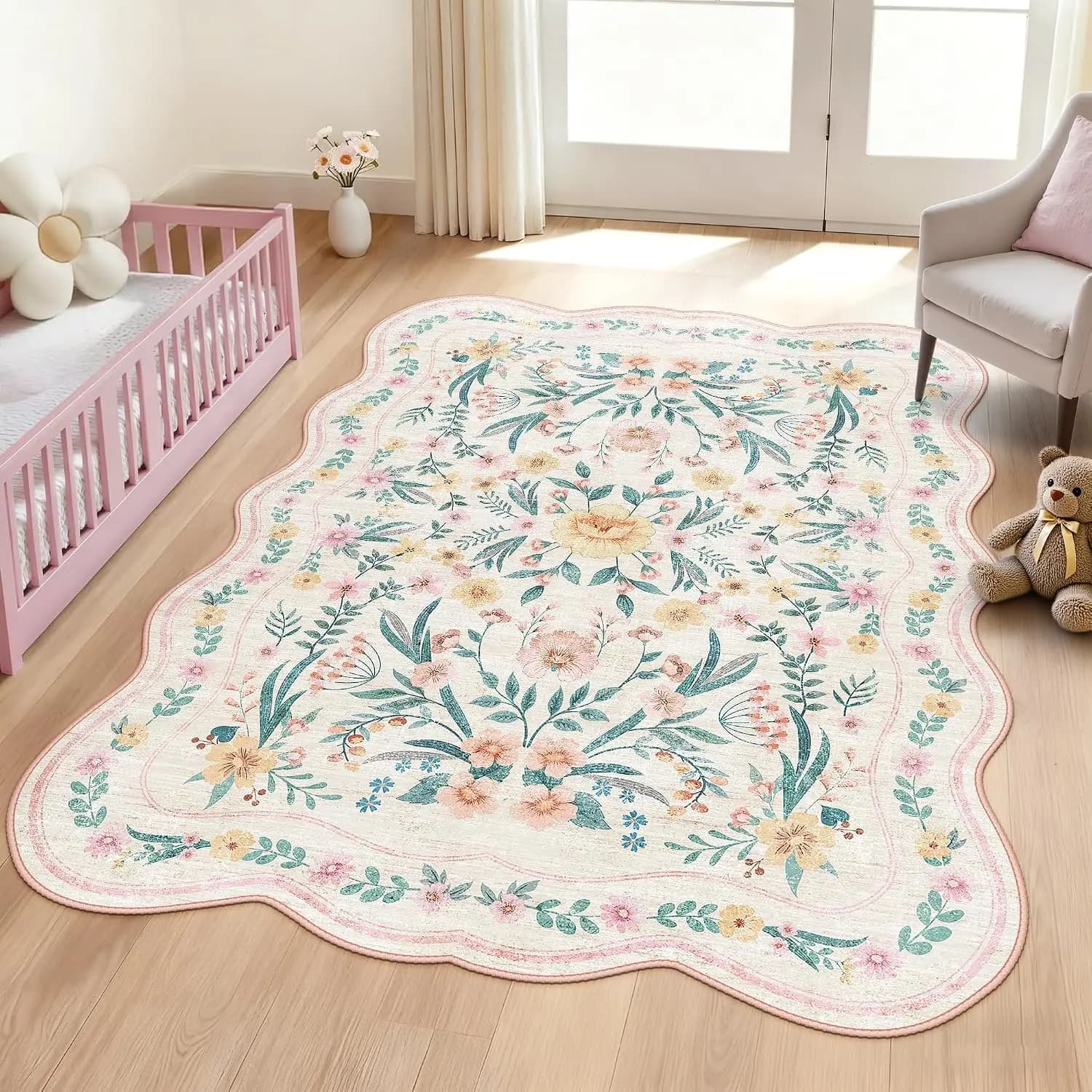 Scalloped Pink Floral Rug 5x7, Washable Non-Slip Area Rug for Girls Bedroom, Soft Boho Carpet for Kids Room