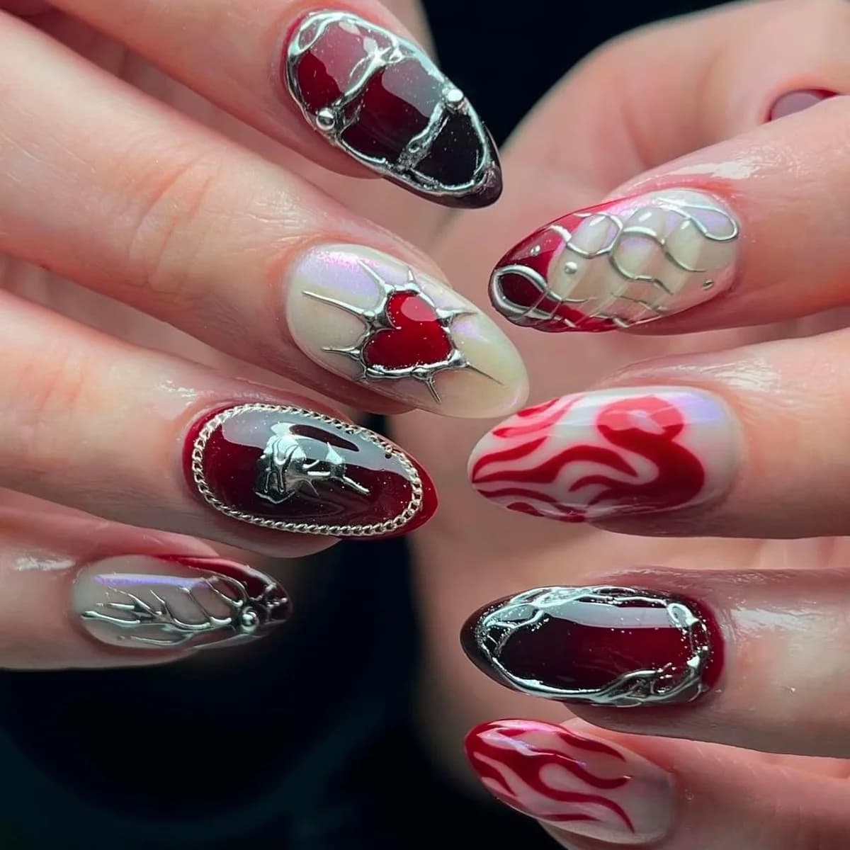 3D fake nails for Valentine's day red black heart golden silver gilding frame star full cover Almond tips press on false nail