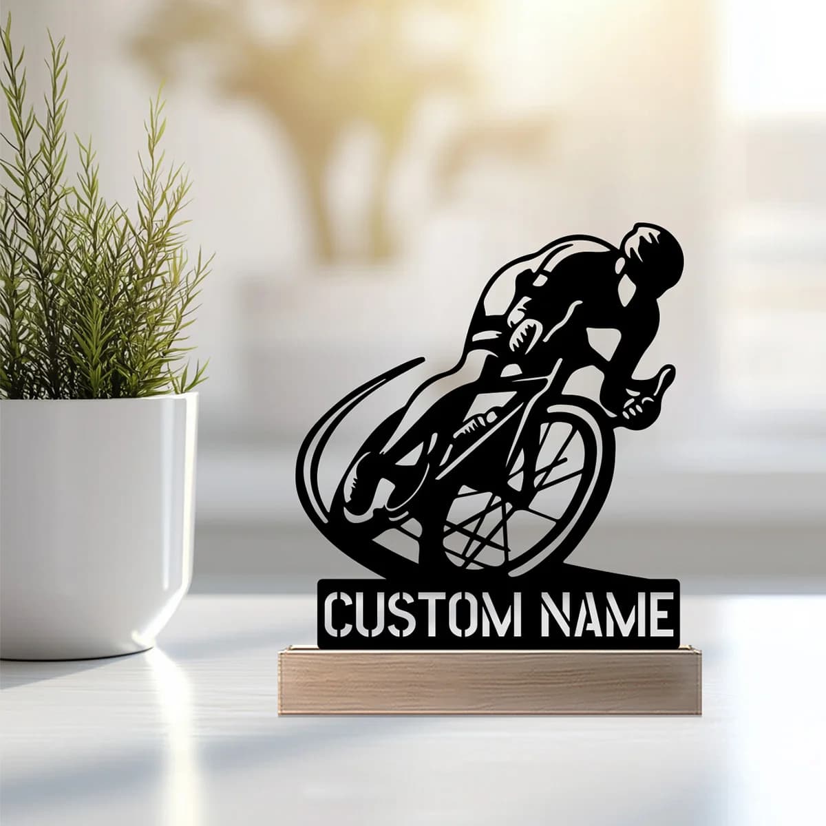 1pc moderna bicicletta diagonale nome personalizzato statua in metallo con base in legno ornamento in ferro scultura in latta artigianale con base in legno