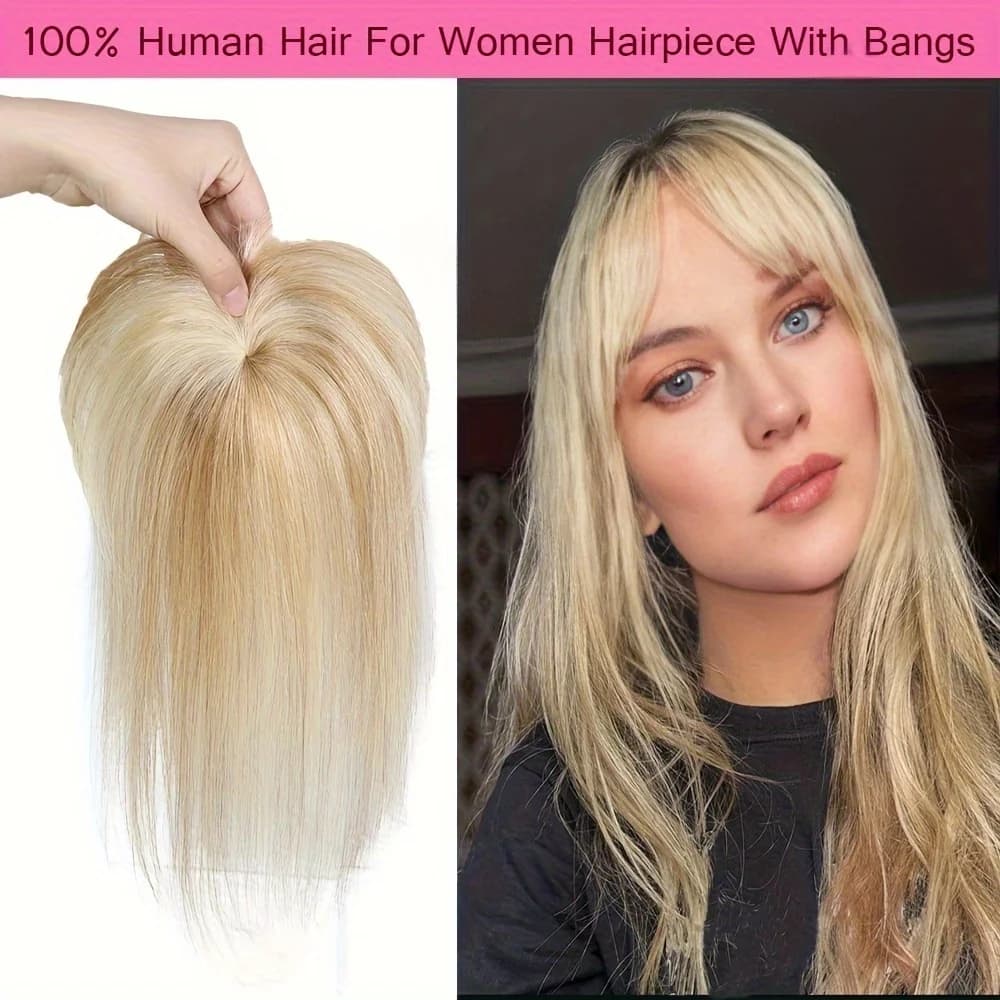 360° 3D Hair Clip with Bangs for Women -Topper Hair Clip with Bangs, 00% Human Hair Straight Hair Extensions, #12p613 Color