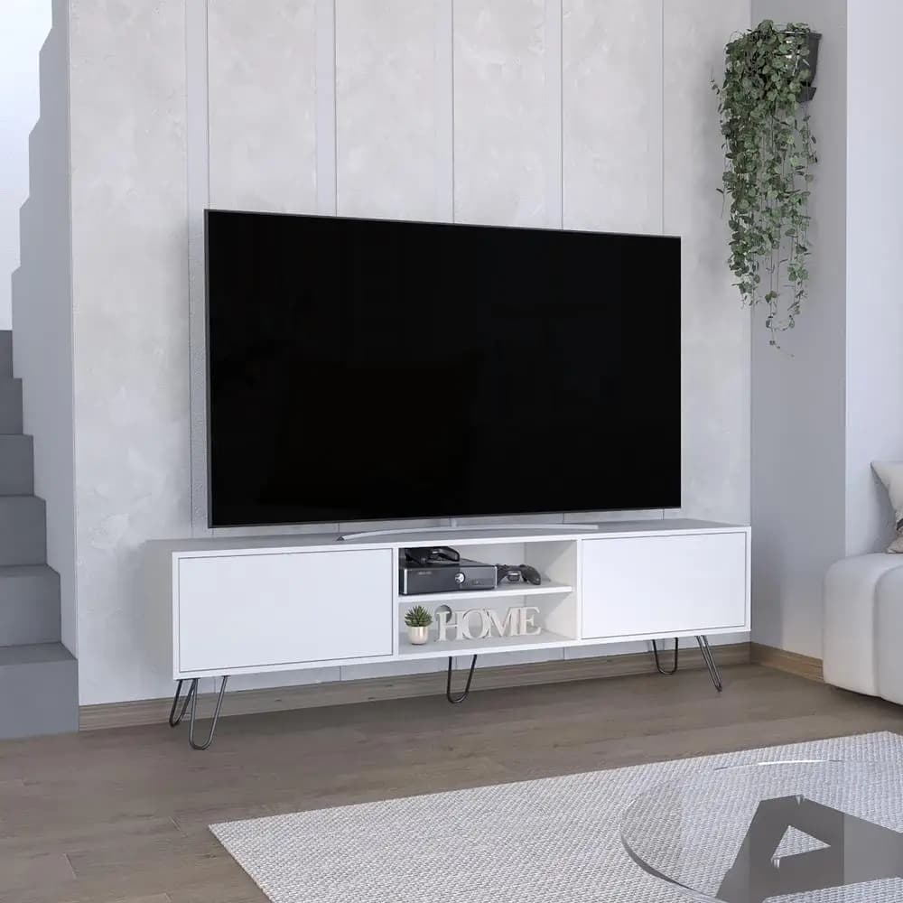 Waco White TV Stand Console multimediale Gambe a forcina larghe 70,9 pollici Cassetti portaoggetti Gestione dei cavi con ripiano aperto