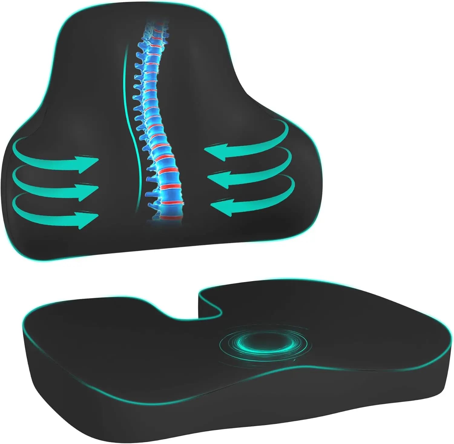 Cuscino Ergonomico in Memory Foam per Sedie da Ufficio e Sedili Auto, Allevia il Dolore alla Schiena e la Sciatica (Nero)
