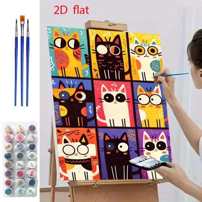 Professional Art Use 2D Flat Adult Beginner Digital Oil Painting Set - Includes Canvas with Cute Cat Pattern, Acrylic Paints, 3p