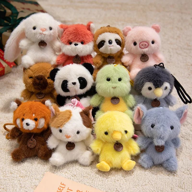 12cm Cartoon Animal Plush Pendant Stuffed Red Panda Sloth Pig Rabbit Penguin 3-color Cute Key Chain with Loop Decor Plushie Gift