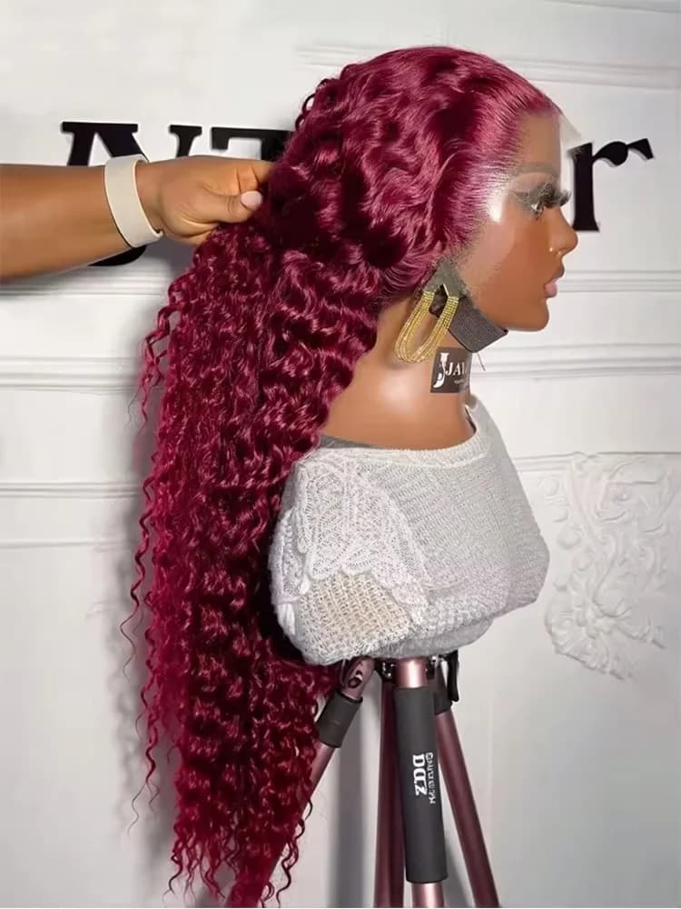 13x6 HD Transparent Lace 200 Density 13x4 Full Frontal Lace 99j Burgundy Preplucked Colored Deep Wave Frontal Human Hair Wig
