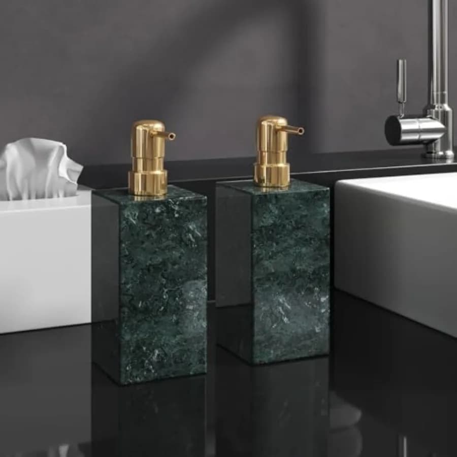 Set di 2 Dispenser di Sapone in Vero Marmo Naturale con Pompa in Acciaio Inox, Bottiglia Decorativa per Sapone Liquido per Cucina e Bagno