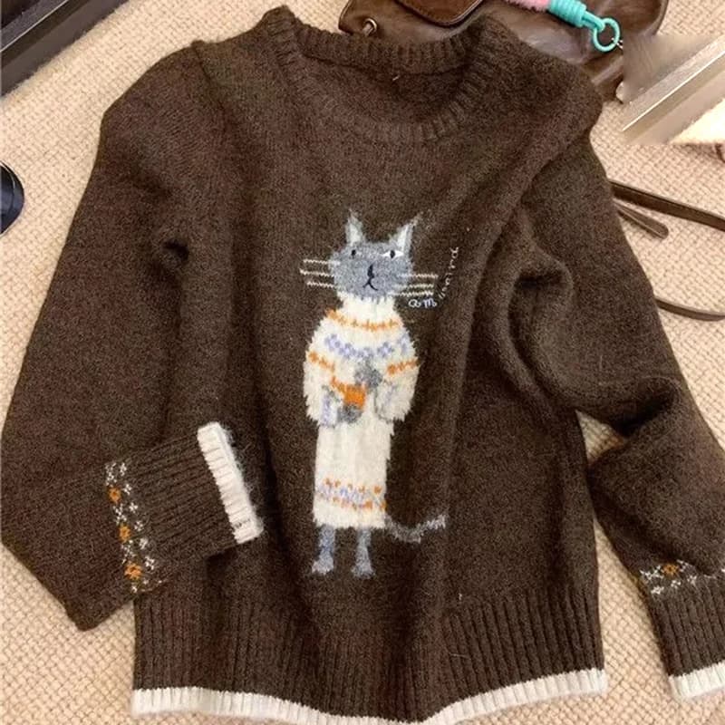 Maglione lavorato a maglia jacquard dolce gatto donna moda coreana pullover a maniche lunghe o collo stile preppy marrone Harajuku Y2K maglioni Top