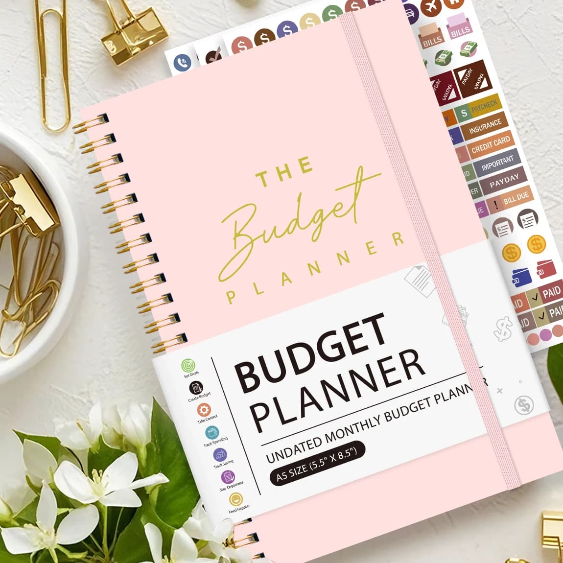 Libro pianificatore di budget A5 con adesivi da 3 fogli, organizer finanziario mensile senza data, diario di budget per la gestione del denaro, flusso di contanti